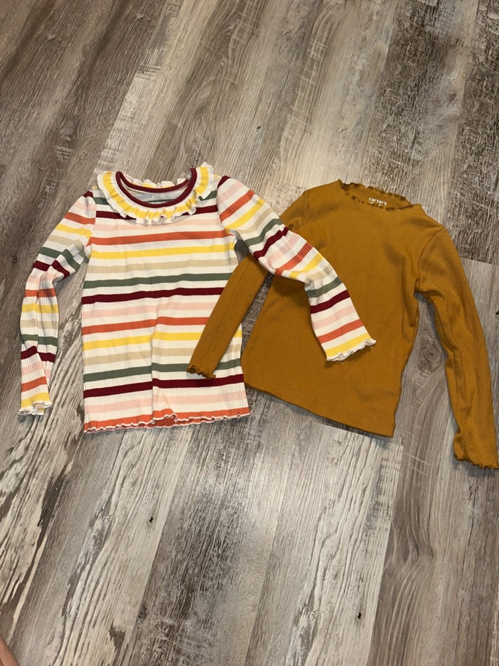 Striped Ruffle Neck Long Sleeve Top & Mustard Ribbed Long Sleeve Top